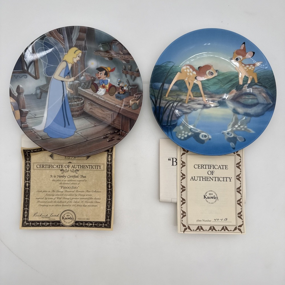 Lot of 2 Knowles Disney Collector Plates Pinocchio Bambi COA Original Boxes